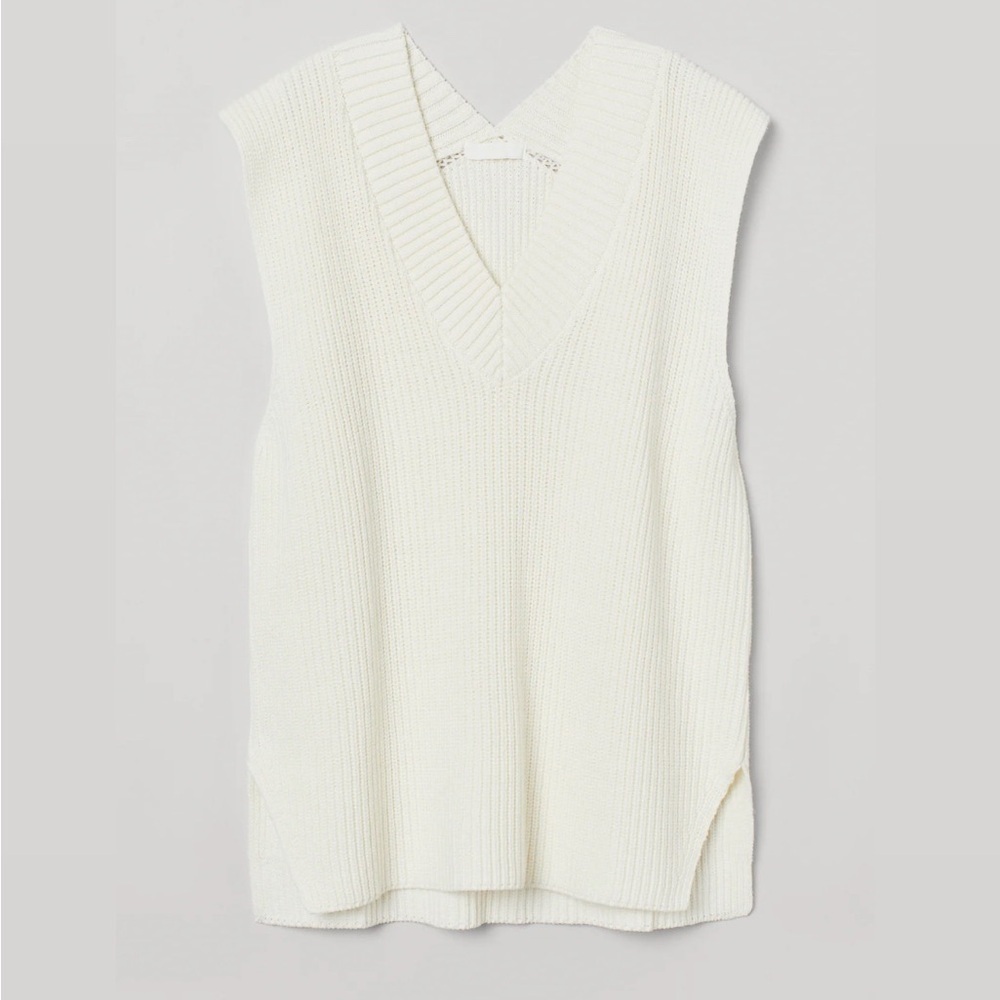 H&M Oversized Boxy V-Neck Rib Knit Sweater Vest Cream